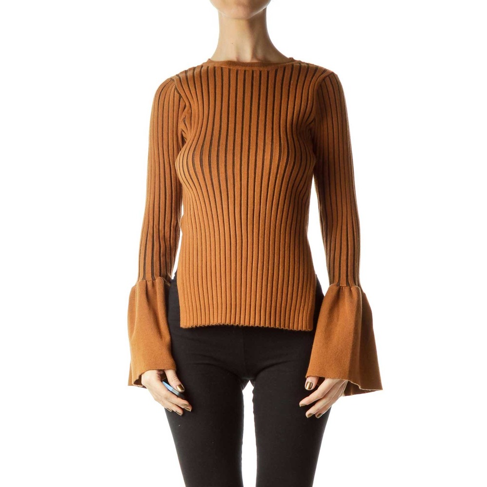 Few Moda Ribbed Bell Sleeve Sweater Blouse - Brown